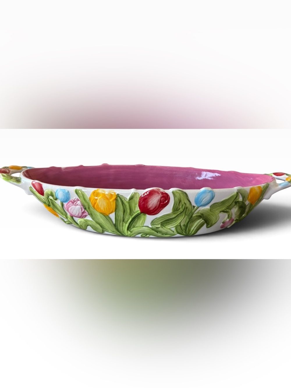 Temp-tations by Tara Figural Floral Tulip 15” Pink Oval Handled Serving Bowl
